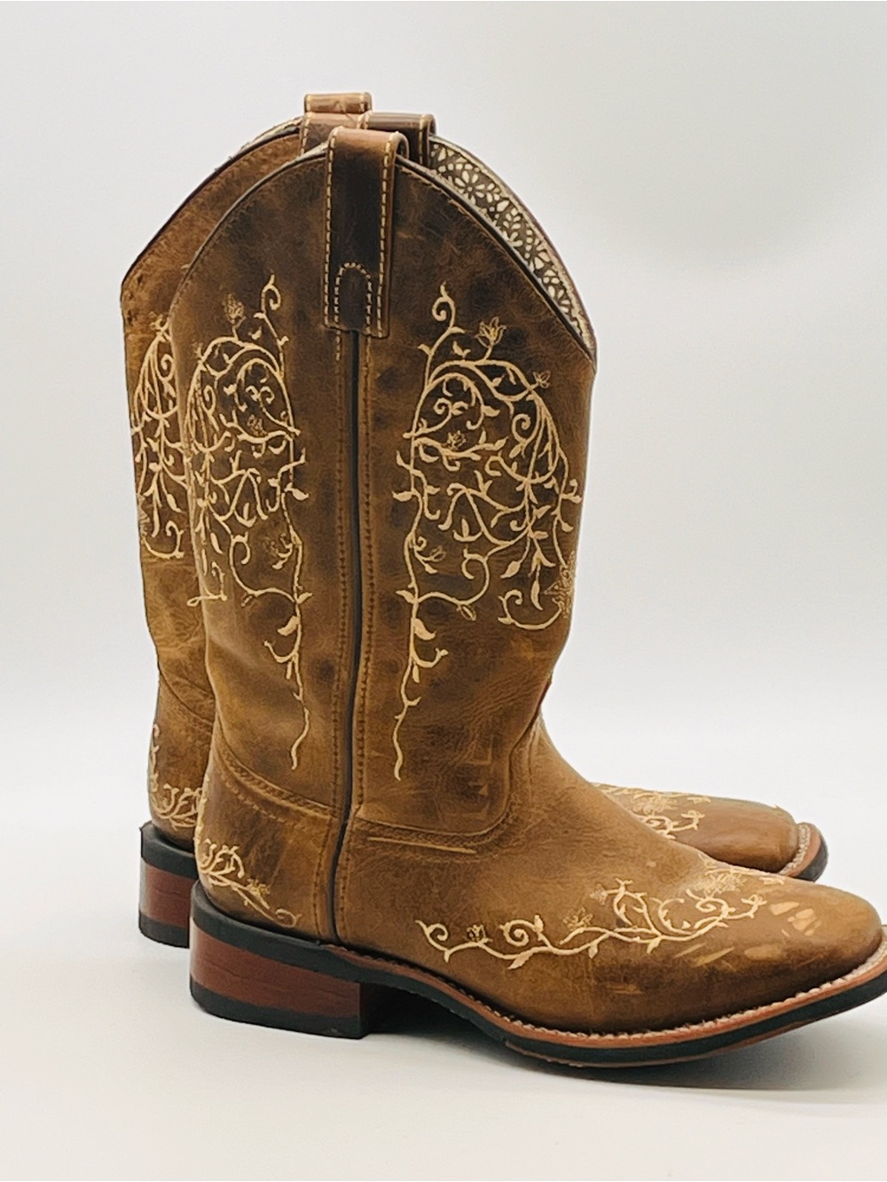 Laredo Brown Western Cowboy Boots Womens 6 Tan Square Toe Leather Embroidery